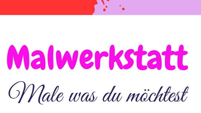Ein buntes Plakat, das für einen Malworkshop am Montag mit kostenlosem Storytelling und Getränken im Gemeindezentrum wirbt.
