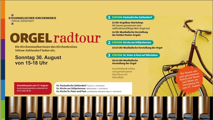 Plakat für eine Orgeltour in Kirchen in Teltow-Zehdenick am 30. August mit Fahrradrouten und Orgelkonzerten.