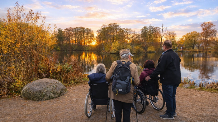 Eine Gruppe genießt einen malerischen Sonnenuntergang am See, wobei zwei Personen im Rollstuhl sitzen und andere Unterstützung leisten.