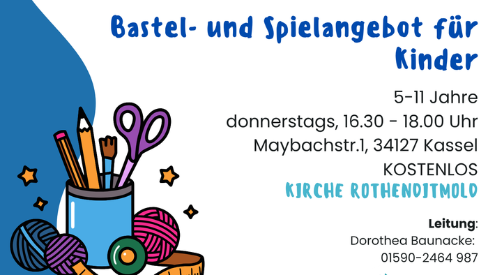 Ein bunter Plakat, das einen Kinderclub mit Bastelaktivitäten und Spielen für Kinder im Alter von 5 bis 11 Jahren jeden Donnerstag bewirbt.