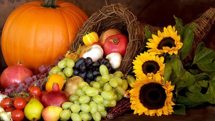 Bunter Herbstkorb mit Kürbis, Äpfeln, Trauben, Sonnenblumen und mehr