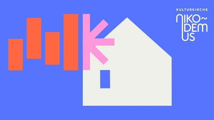 Modernes Logo mit einem stilisierten Haus, das abstrakte rote und pinke geometrische Elemente enthält, sowie dem Text „Kulturkirche Nikodemus“.