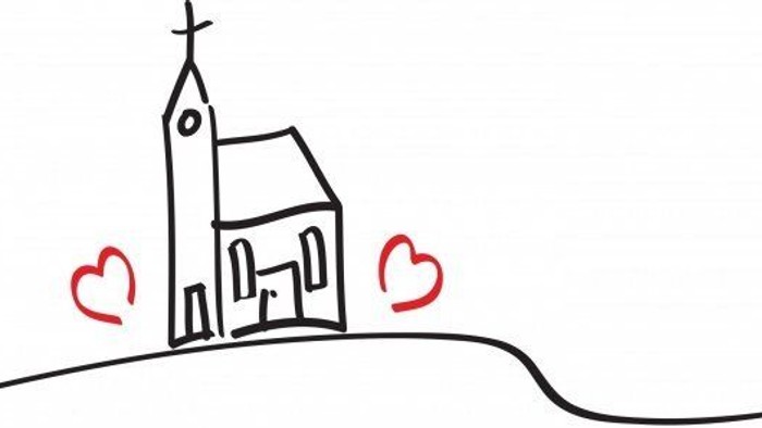 Ein Kirche auf einem Hügel mit zwei Herzen.
