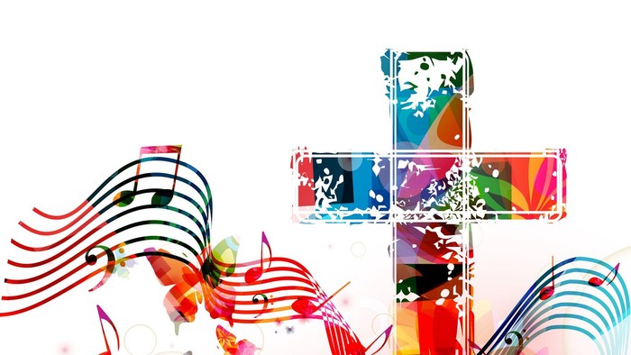Buntes Kreuz mit Noten und Blumen auf weißem Hintergrund