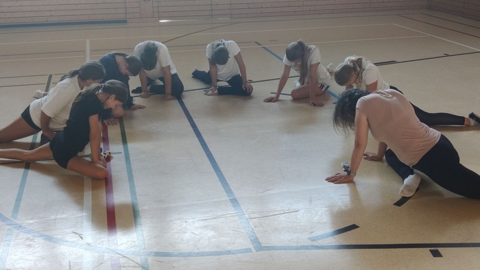 Gruppe von Menschen, die in einer Reihe auf dem Boden einer Turnhalle krabbeln, wahrscheinlich an einer Übung oder einem Spiel teilnehmend.