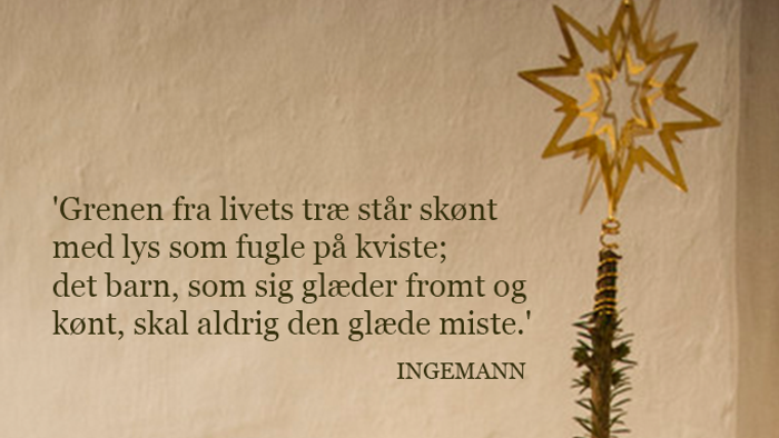 Hånd, der holder et juletræ med tændte lys og en stjerne på toppen, med et citat på dansk