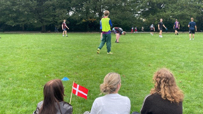 Tre personer sidder på et tæppe og ser en gruppe spille frisbee i en park med et dansk flag.