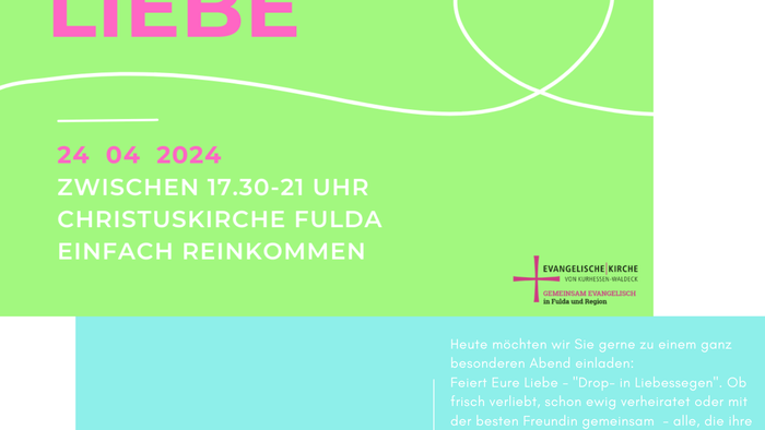 Einladungskarte zur Liebesfeier in der Christuskirche Fulda am 24. Juni 2024 mit Cocktails und einer herzlichen Botschaft.