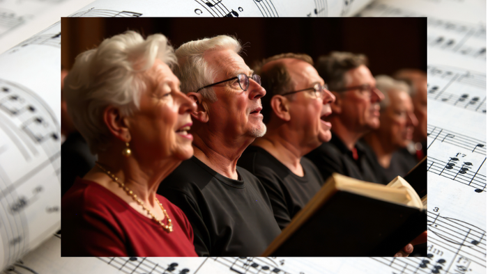 Eine Gruppe älterer Sänger, die leidenschaftlich Chormusik mit Notenblättern vor sich aufführen.