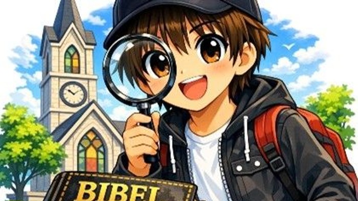 Ein fröhlicher Charakter untersucht eine Bibel mit einer Lupe in der Nähe einer Kirche und trägt einen Rucksack.