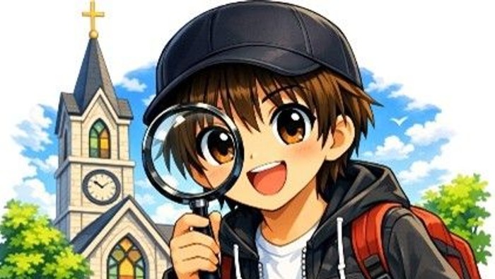 Ein fröhlicher Charakter untersucht eine Bibel mit einer Lupe in der Nähe einer Kirche und trägt einen Rucksack.