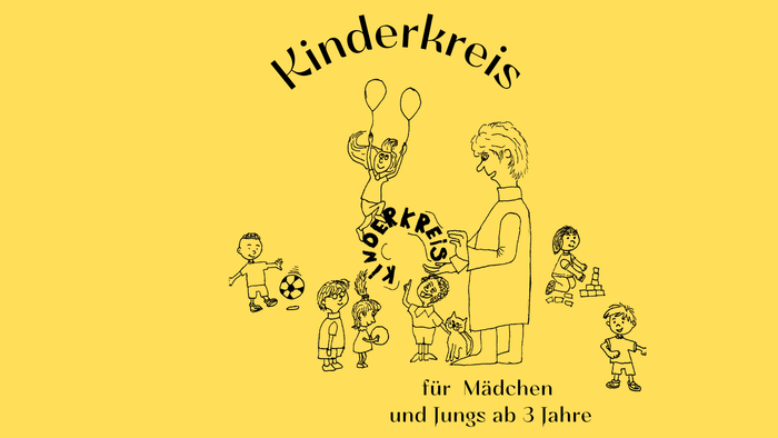 „Ein Kinderkreis-Logo für Mädchen und Jungen ab drei Jahren mit einer Lehrkraft und Kindern.“