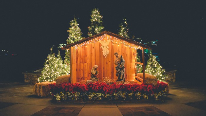 Eine wunderschön beleuchtete Weihnachtskrippe, umgeben von festlichen Lichtern und Weihnachtssternen in der Nacht.