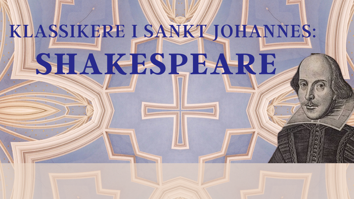 Et dekorativt baggrundsbillede med William Shakespeare og tekst, der henviser til hans klassikere i Sankt Johannes.