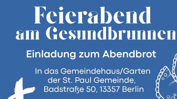 Einladungsplakat für einen Abendempfang im Gemeindezentrum der Evangelischen Kirchengemeinde am Gesundbrunnen.