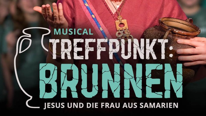 Adonia-Musikevent-Plakat für *„Treffpunkt: Brunnen“* mit Jesus und der samaritischen Frau, geplant für April 2026.
