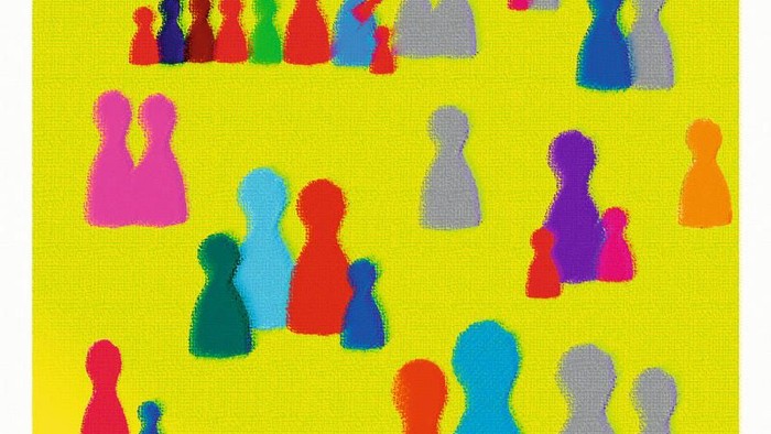 Bunte abstrakte Figuren, verspielt auf einem leuchtend gelben Hintergrund verteilt.