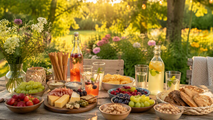 Ein wunderschön arrangiertes Picknick im Freien mit frischem Obst, Käse, Brot, Getränken und Vorspeisen.