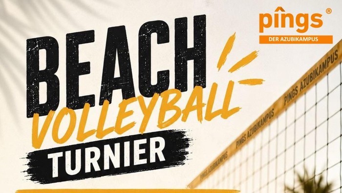 Plakat für Beachvolleyball-Turnier mit Datum, Uhrzeit, Team-Anmeldung per Instagram-DM und Veranstaltungsdetails.