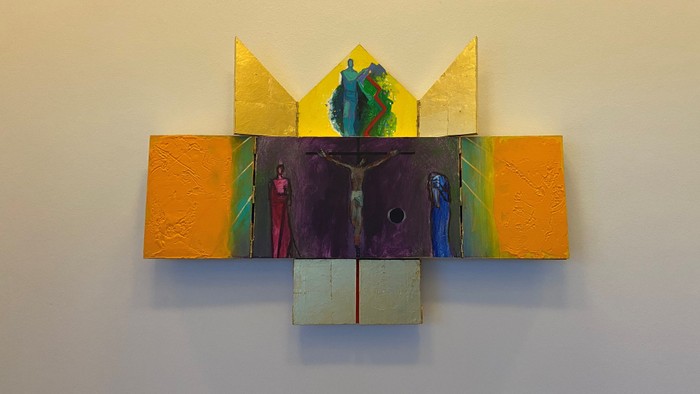 Billedet viser en farverig og geometrisk komposition med figurer og symboler.