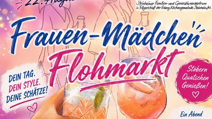 Die Grafik zeigt zwei anstoßende Getränkegläser vor einem farbenfrohen Hintergrund mit Lichterkette und stilisierten Personen. Rund um den Schriftzug zum Frauen- und Mädchenflohmarkt sind die wichtigsten Informationen zur Veranstaltung angeordnet.