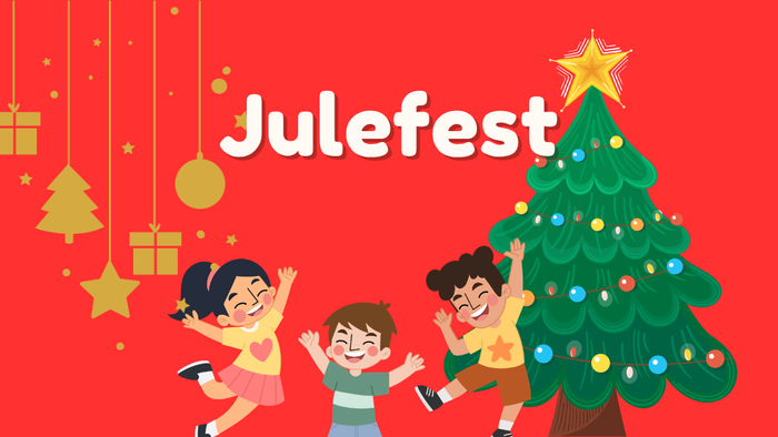 Julefest tre glade børn, juletræ og julepynt