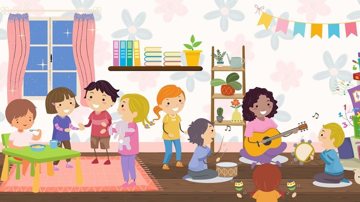 Kinder spielen und singen in einem gemütlichen Raum