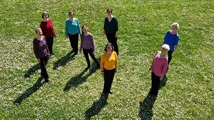 Das Frauen-Vokalensemble Quarantöne auf einer grünen Wiese.