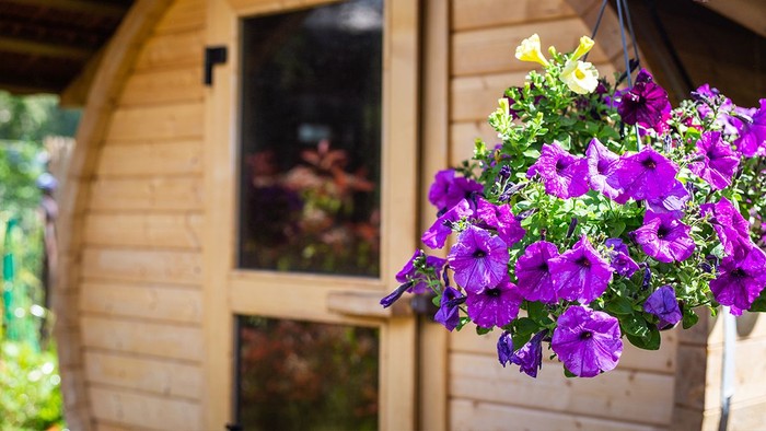 Faßsauna mit hängendem Blumenkorb davor.