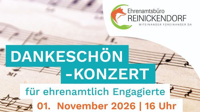 Dankeskonzert-Ankündigung für Ehrenamtliche in Reinickendorf, geplant für den 1. November 2026 um 16 Uhr.
