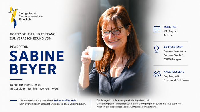 Die Grafik zeigt ein Porträt einer lächelnden Frau mit einer Kaffeetasse in der Hand. Links und rechts sind die Informationen zu einem Gottesdienst mit anschließendem Empfang anlässlich ihrer Verabschiedung angeordnet.