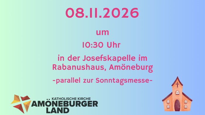 Plakat zur Ankündigung katholischer Kindergottesdienste an bestimmten Terminen im August, September, Oktober und November 2026.