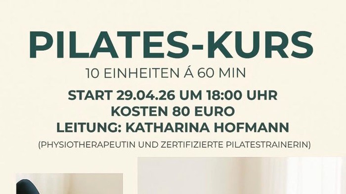Pilates-Kursanzeige mit Details, Startdatum, Kosten, Kursleitung und Anmelde-QR-Code.