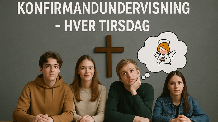 konfirmander sidder og venter på undervisning, fire konfirmander er klar til undervisning, der er to piger og to drenge og den ene dreng tænker på en engel