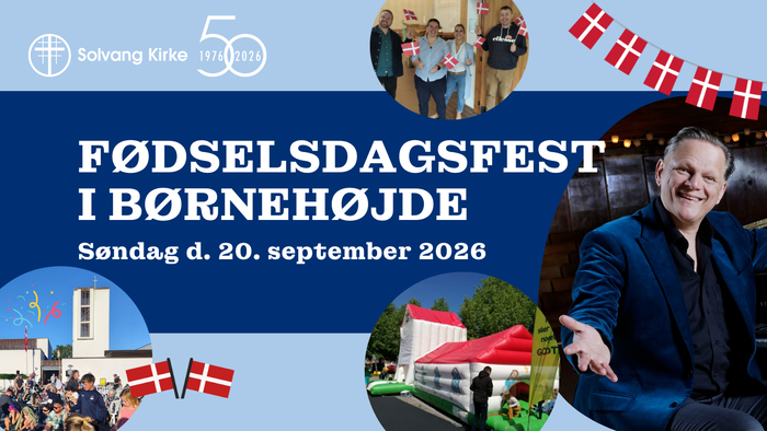 Jubilæumsplakat til Solvang Kirkes 50-års fødselsdagsfest i Børnehøjde den 20. september 2026.