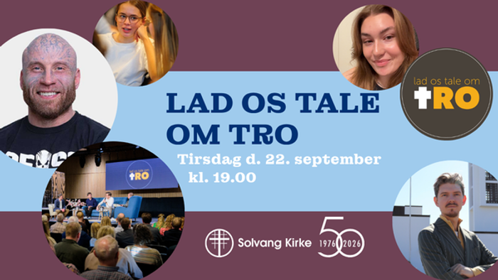 Plakatannoncering for en trosdiskussionsarrangement i Solvang Kirke den 22. september kl. 19.00.