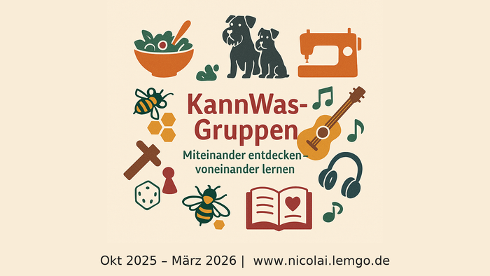 Bunte Grafik zur Bewerbung der „KannWas-Gruppen“-Aktivitäten, die zum gegenseitigen Lernen und Entdecken von Oktober 2025 bis März 2026 einladen.