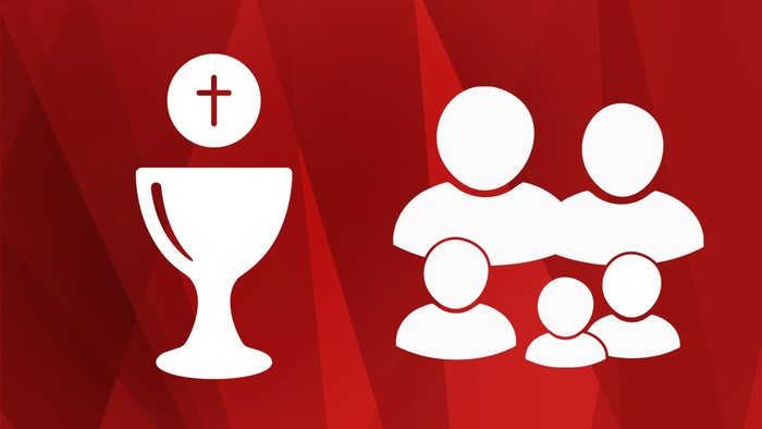 Christliche Symbole, die einen Abendmahlskelch und eine Familie darstellen und Glauben und Gemeinschaft repräsentieren.