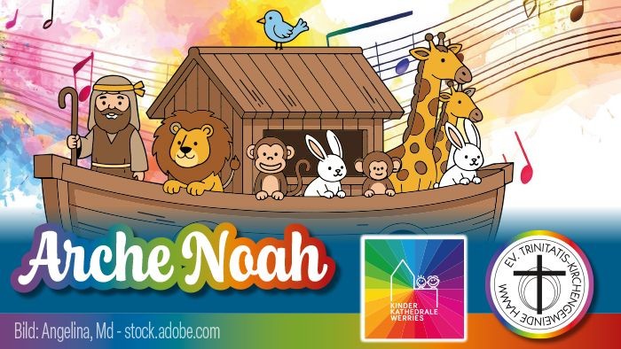 Bunte Noahs-Arche-Illustration mit Tieren, Noah und Musiknoten zur Feier eines Kinderfestes.