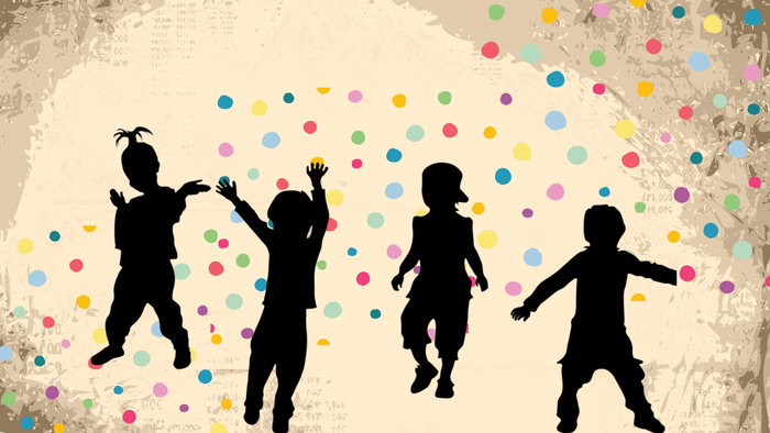 Vier Kinder tanzen freudig vor buntem Hintergrund