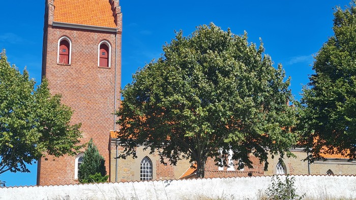 Historisk murstenskirke med højt tårn og rødt tegltag omgivet af frodige grønne træer.