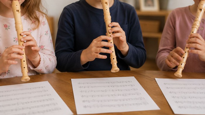 Drei Kinder spielen Blockflöte, während sie Noten von einem Blatt an einem Tisch lesen.