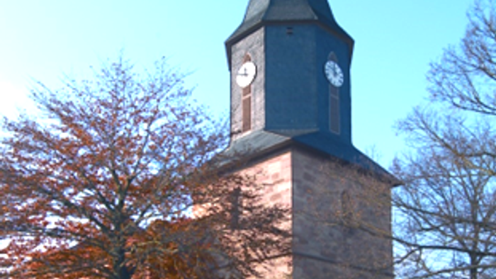 Ein hoher Kirchturm mit Uhr und spitzem Dach vor blauem Himmel und Bäumen