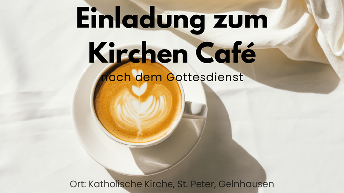 Einladungsplakat für ein Kirchenkaffee nach dem Sonntagsgottesdienst mit Kaffeekunst und Veranstaltungsdetails.