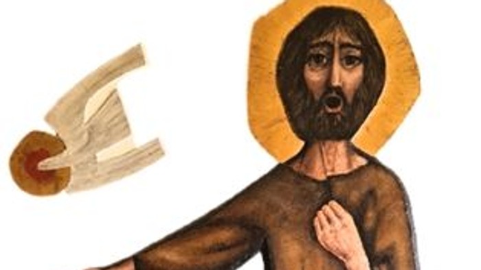 Der heilige Johannes vom Kreuz, dargestellt mit Taube und Berglandschaft
