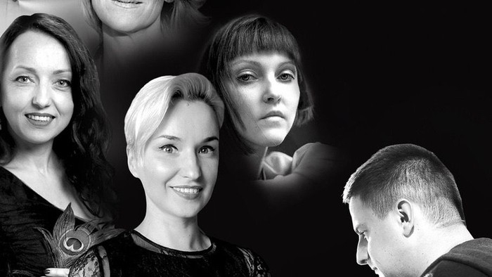 Werbeplakat für eine musikalische Reise durch die ukrainische Literatur mit vielfältigen Künstlern und einem Klavier.