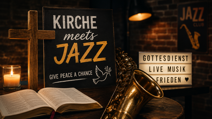 Ein Holzkreuz, eine geöffnete Bibel und ein Saxofon liegen auf einem Tisch vor einer Tafel mit der Aufschrift „Kirche meets Jazz“. Im Hintergrund weisen weitere Schilder auf Gottesdienst, Livemusik und Frieden hin.