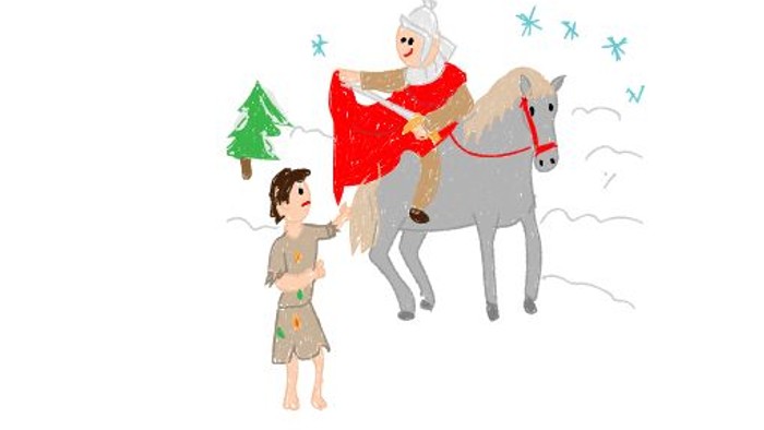 Ein Junge führt ein Pferd mit einem Weihnachtsmann durch den Schnee