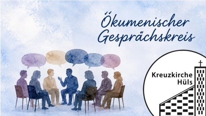 Eine Illustration einer ökumenischen Diskussionsgruppe mit vielfältigen Menschen, die in der Kreuzkirche Hüls Gedanken austauschen.