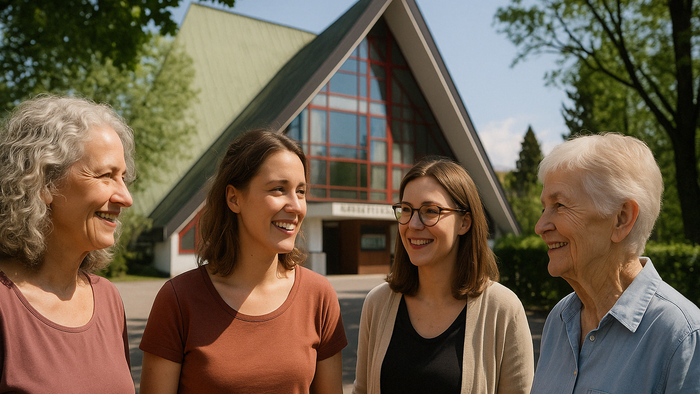 Vier Frauen stehen lachend vor einem Haus